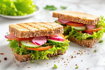 Delicious lard spread and vegetables on white marble table with sandwiches