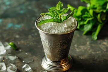 Classic cocktail the mint julep typically enjoyed in an icy metal cup - obrazy, fototapety, plakaty