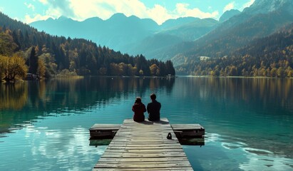 two people sitting on a dock looking out over lake