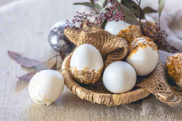 Easter background with hand decorated eggs close up.