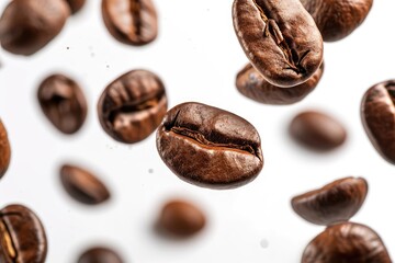 Coffee beans falling on white background suitable for coffee product advertising