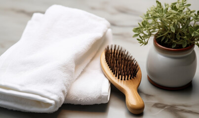 Hair Care and Spa Concept with a Natural Bristle Wooden Hairbrush and Soft White Towel on a Marble Surface for Beauty and Hygiene