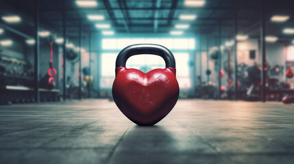 a heart shaped kettlebell on gym background for Valentine's Day, birthday, anniversary, wedding,...