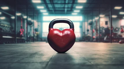 Crédence de cuisine en verre imprimé Fitness a heart shaped kettlebell on gym background for Valentine's Day, birthday, anniversary, wedding, Healthy fitness flat lay composition, gym workout concept, copy space