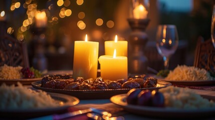 Warm candlelit setting with dates, traditional dishes, and a spirit of togetherness with copy space.