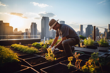 Generative AI image of Man Gardening on Rooftop at Sunset