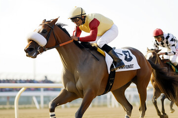 Generative AI image of male jockey in motion on a racing horse at the hippodrome, focus on the intensity of the race