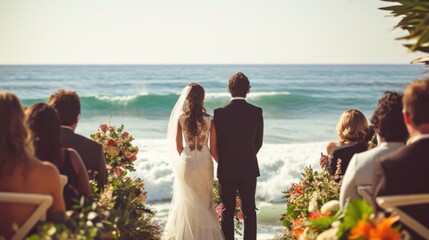 Seaside wedding bliss, waves crashing as a picturesque backdrop to an unforgettable ceremony - obrazy, fototapety, plakaty