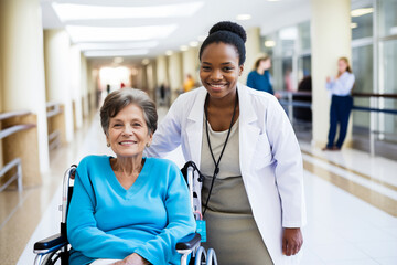 Obraz premium Generative AI image of Nurse Caring for Elderly woman in Wheelchair