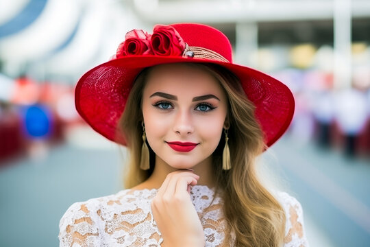 Generative AI image of stylish woman with blonde hair wearing a red hat adorned with roses at a social event looking at camera