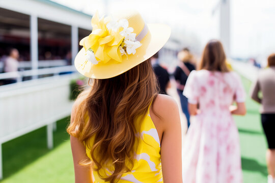 Generative AI image of back view of unrecognizable woman wearing a yellow hat with flowers, at a hippodrome event