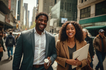 Generative AI image of smiling black business people in New York City - obrazy, fototapety, plakaty