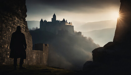 Obraz premium Dramatic and cinematic scene, mysterious silhouette walking in a medieval landscape with a castle in the background, during the sunset. Generated by AI
