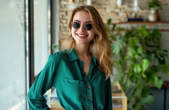 young smiling woman at office wearing green blouse and sunglasses