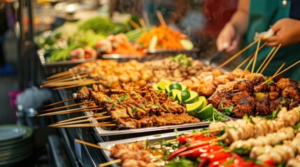 Street food stalls featuring a variety of spicy and flavorful international culinary offerings
