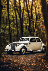 Generative AI illustration of pristine vintage car parked on a forest path, surrounded by the warm light of an autumn day