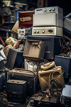 Generative AI image of a chaotic assortment of vintage electronic devices, including radios, televisions, and speakers, piled in disarray, highlighting the issue of electronic waste