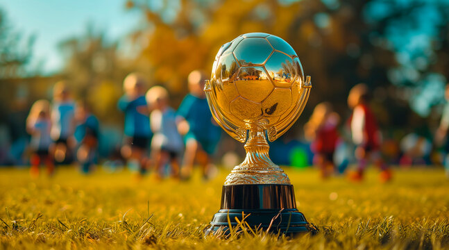 photograph of a champion trophy, children playing background. Space for text. at sunset