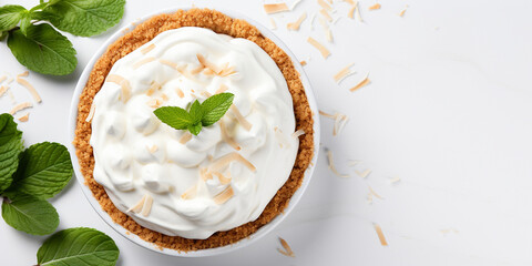 Top view of coconut cream pie garnished with mint leaves on white background with copy space Delicious fresh baked healthy dessert - obrazy, fototapety, plakaty
