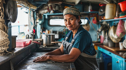 Portrait of empowered female worker aboard fishing vessel. Generative AI image - obrazy, fototapety, plakaty