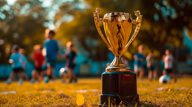 photograph of a champion trophy, children playing background. Space for text. at sunset