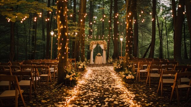 Whimsical woodland wedding with enchanting lights and natural beauty