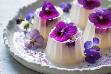 Fototapeta na wymiar Healthy jelly and bavarian cream dessert with edible violet flowers a unique Japanese treat