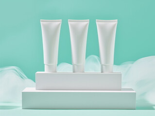 3 / three white Hand cream tubes / packaging / containers mockup, front view, eye level view,  with light green background and shadows/ product placement photography 