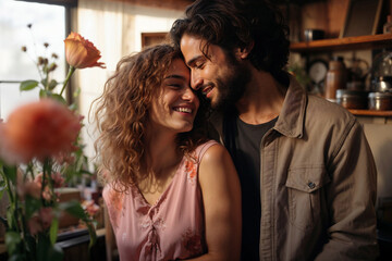 Fototapeta premium Generative AI image of a Caucasian couple sharing a joyous moment in a cozy indoor setting with flowers