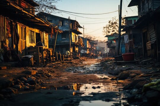 Income inequality, a view of a slum with dilapidated shanty houses. Poor people concept, Modern modular private townhouses. Residential minimalist architecture exterior.