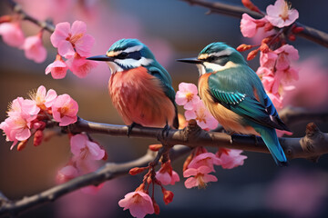 Fototapeta premium Generative AI illustration of A pair of bee-eaters is perched elegantly on a cherry blossom branch