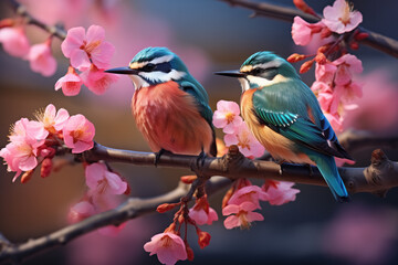 Generative AI illustration of A pair of bee-eaters is perched elegantly on a cherry blossom branch