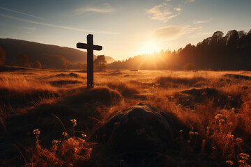 Generative AI illustration solitary cross stands in a field at sunset with golden light filtering through the mist