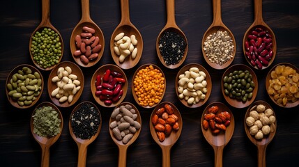 Top view of multicolored legumes in wooden spoons on a black background. Ingredients for vegetarian dishes: various varieties of beans, lentils, peas, chickpeas. Healthy eating concepts.