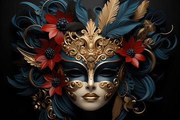 Generative AI illustration of a Venetian masquerade with a close-up of an ornate mask against dark background