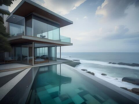 Modern luxury villa with pool on the beach by the ocean. Design concept for an eco-house by the sea, vacation and travel