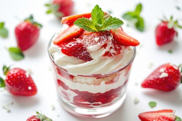 Vertical close up of strawberry dessert with mascarpone and whipped cream on white background