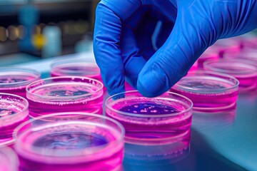 Close the media plate on hand technicians studying E coli colonies and drug resistance in a lab