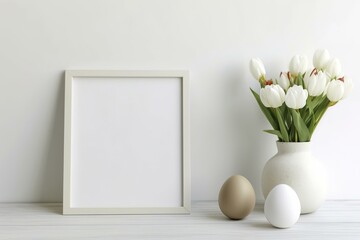 white tulips in a vase on a wooden table, Easter background, Easter holiday