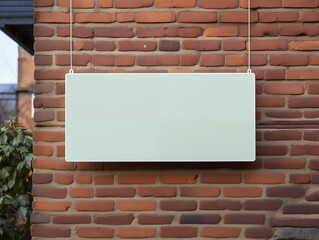 White square sign hanging in front of the store, light sign mockup