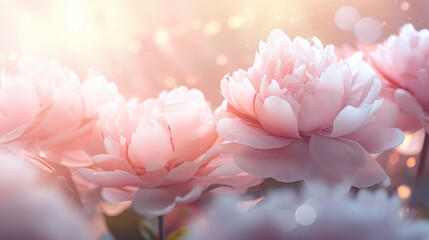 Delicate pink peonies bathed in a soft glowing light, creating a dreamy floral scene.