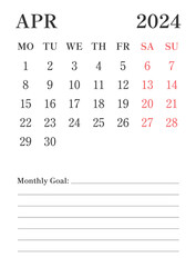 2024 April English calendar with a simple minimalist design in vertical format, good for office desk, business, and personal use
