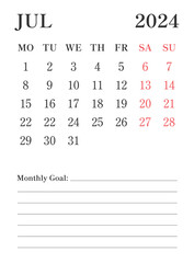 2024 JulyEnglish calendar with a simple minimalist design in vertical format, good for office desk, business, and personal use