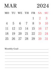 2024 March English calendar with a simple minimalist design in vertical format, good for office desk, business, and personal use