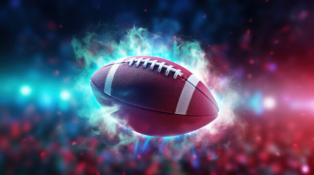 A close-up of an American football mid-air with vibrant smoke and lights surrounding it, depicting energy and action.