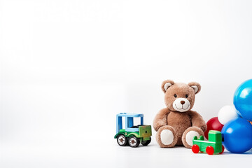 Teddy Bear and Cars white background with Copy Space