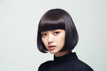 Japanese woman with a bob in a black turtleneck