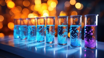 Flasks with liquid, chemical laboratory tests. Transparent glass test tubes. Flasks with chemical liquids background