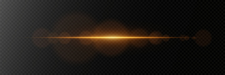 Golden horizontal glare of light. Line flash effect. On a transparent background.