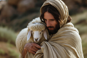 Jesus recovered lost sheep carrying it in his arms - obrazy, fototapety, plakaty